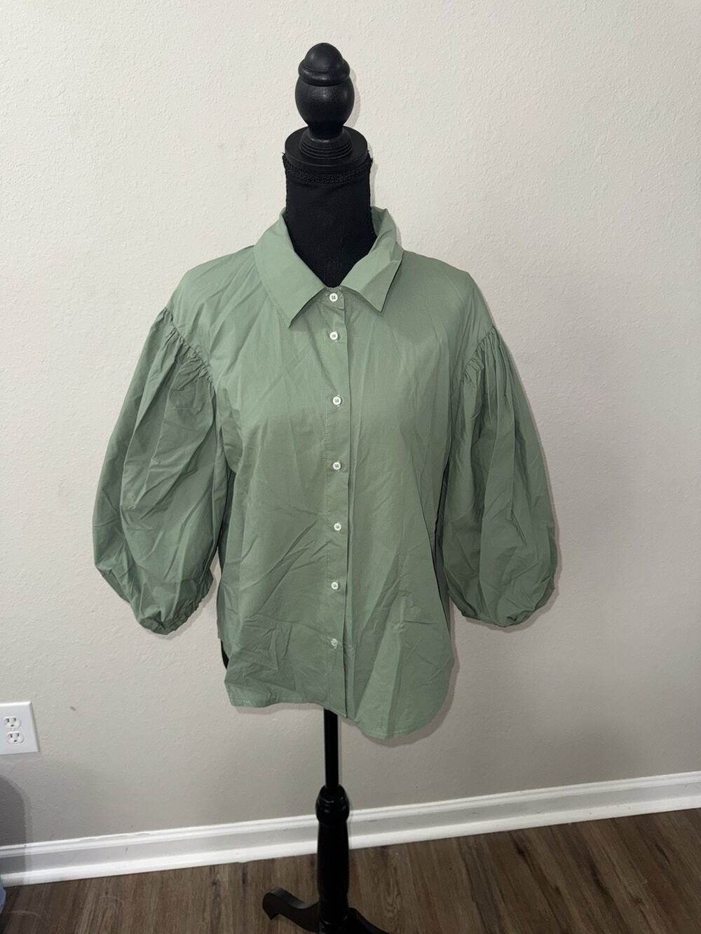 Karlie Sage Green Balloon Puff Sleeve Button Down Blouse Top Women's Large L